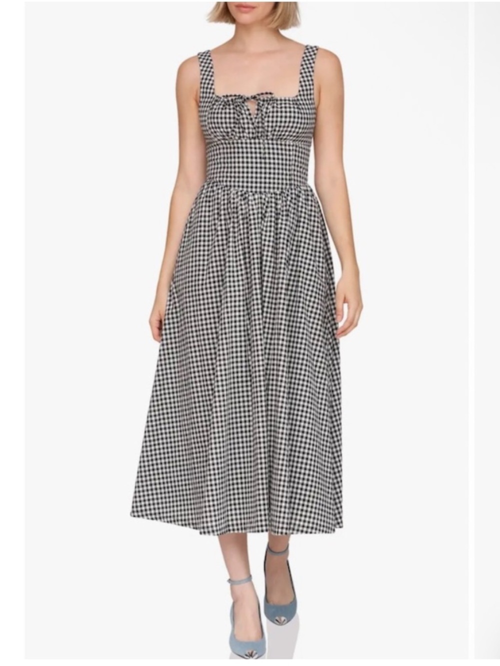 NWT Avec Les Filles Gingham Midi Dress Ruched Picnic Sz 10